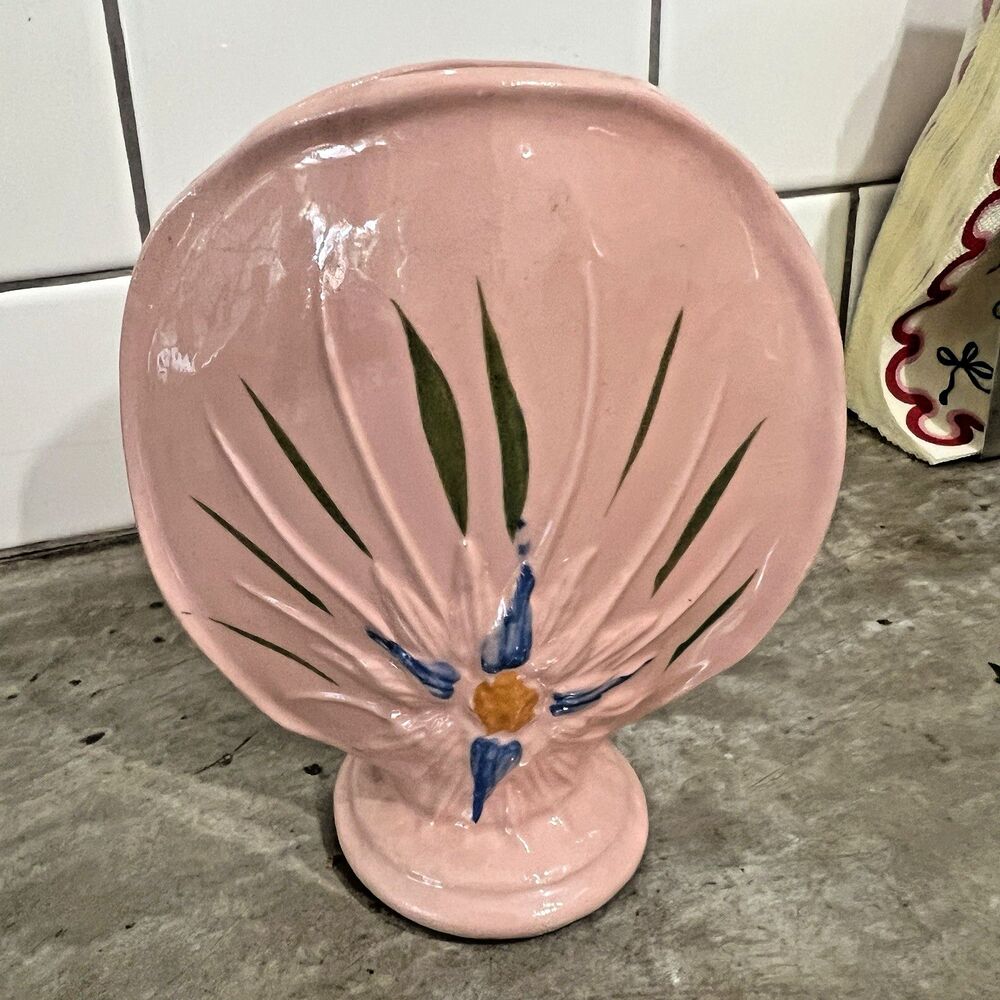 Vtg R.R. Pottery Co Roseville OH Light Pink Blue Flower Pillow Vase Robinson Ran
